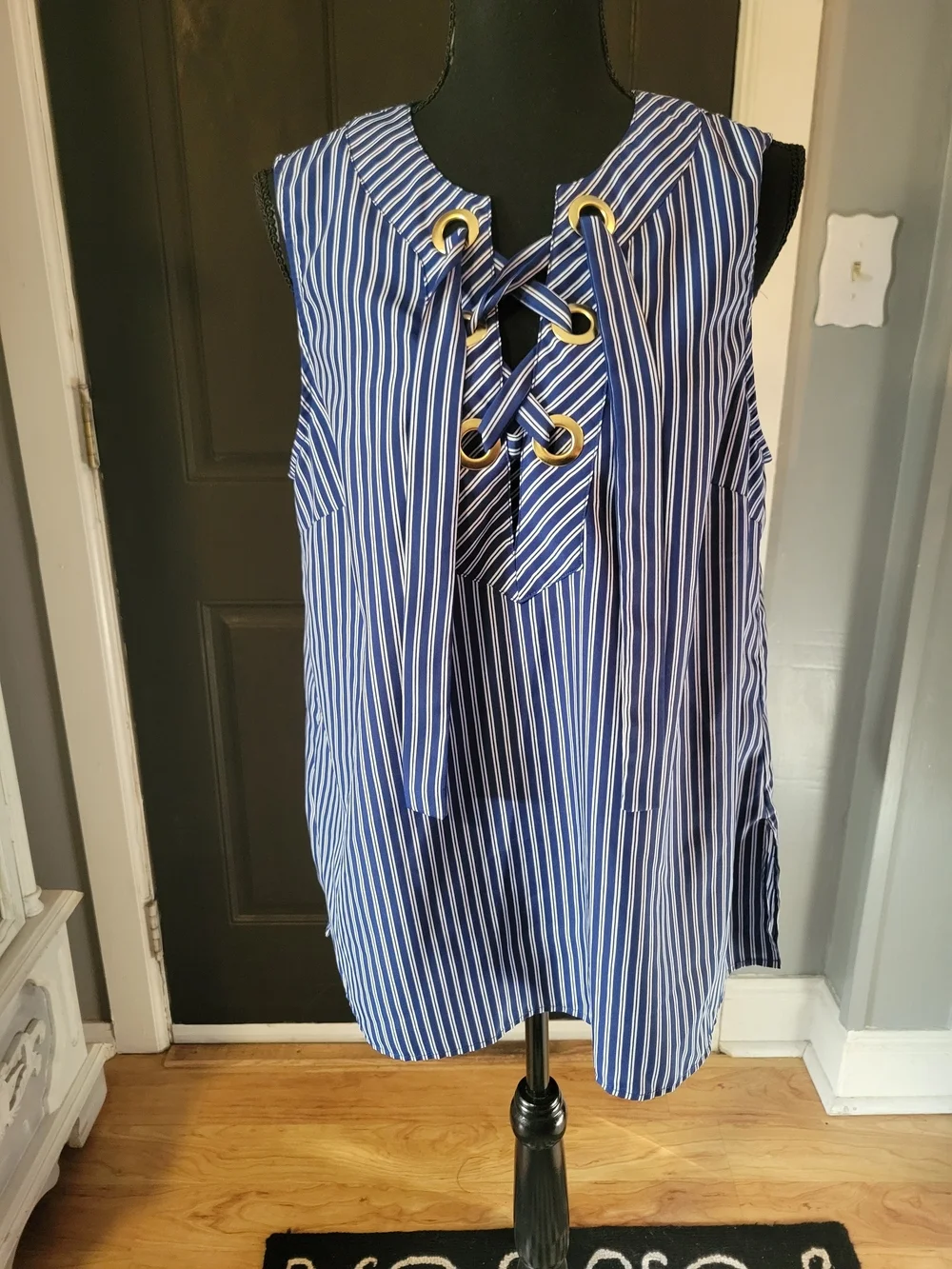 Sleeveless Navy Blue Striped Lace-Up Top
